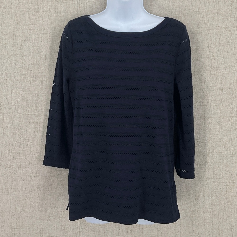 Talbots Top Women M Navy Blue‎ Cotton Eyelet Boat Neck 3/4 Sleeve Classic Preppy